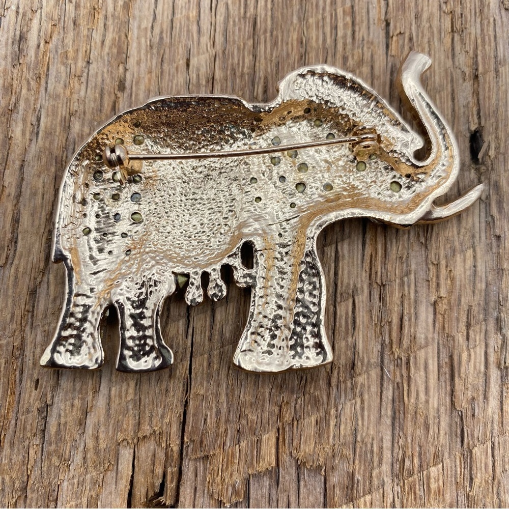 Trunks Up Elephant Good Luck Black Enamel & Rhinestone Brooch Pin - Picture 2 of 4